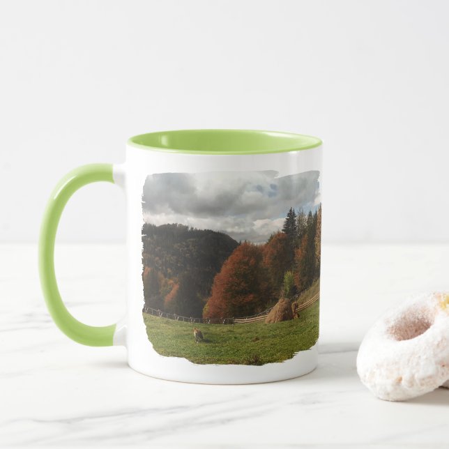 Mug Automne Avec Mountain Fox Et Haystack (Avec donut)