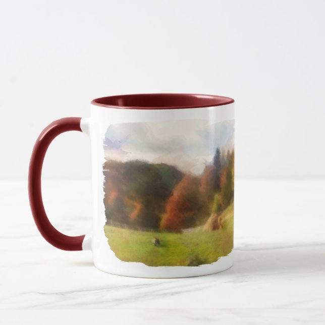 Mug Automne Avec Mountain Fox Et Haystack Aquarelle (Gauche)