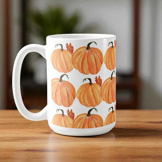 Mug Automne Citrouille Aquarelle Automne Feuilles Moti (Créateur téléchargé)