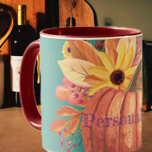 Mug Automne citrouille terre cuite fleurie orange et t
