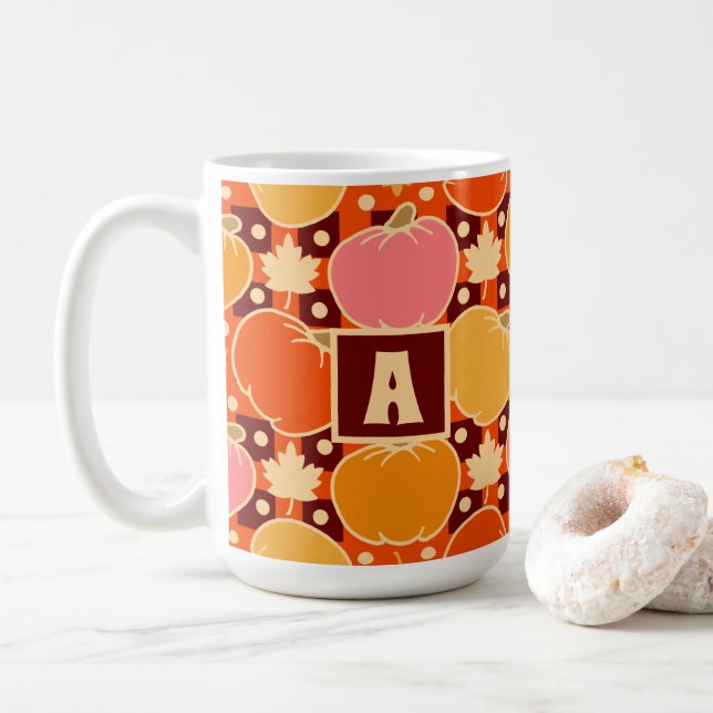 Mug Automne Fleurs et Citrouille Boho Orange Plaid (Avec donut)