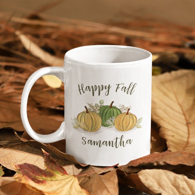 Mug Automne Happy Fall Aquarelle personnalisée (Fall autumn pumpkin gourds personalized throw pillow. )