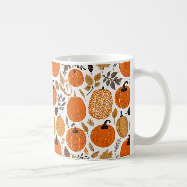 Mug Automne Rustique Orange Citrouille Motif de feuill (Droite)