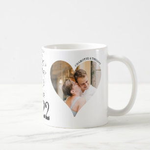 Mug avec 2 photos en forme de coeur, date, prénoms