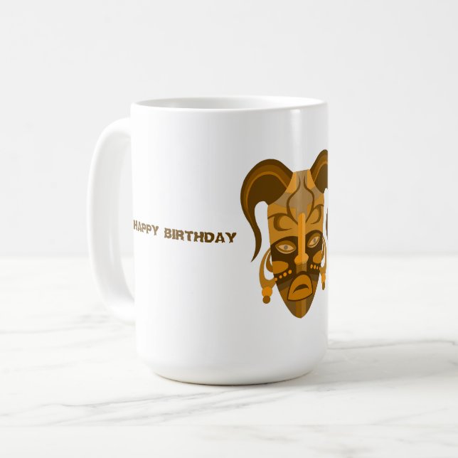 MUG AVEC ART DU MASQUE TRADITIONNEL, ANNIVERSAIRE (Devant gauche)