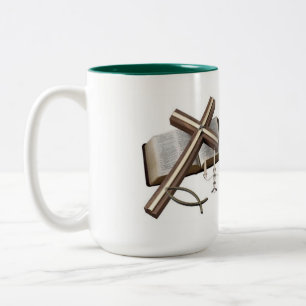 MUG AVEC CROIX ET BIBLEGREEN & BLANC