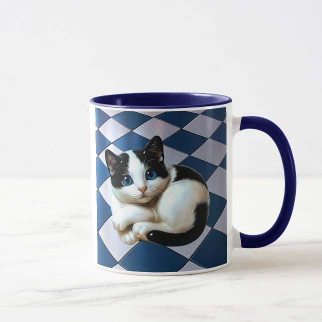 Mug avec image de chat sur un carrelage. (Droite)