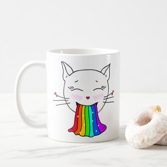Mug avec kawaii mignon chat avec arc-en-ciel. (Avec donut)