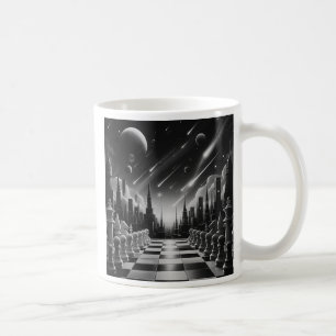 Mug avec motif échiquier et ville futuriste.