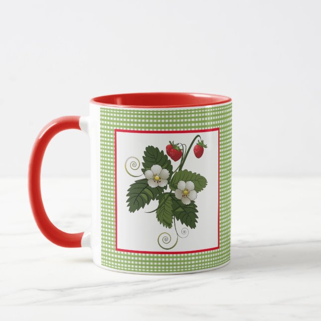 Mug avec plante de fraise et bordure à carreaux (Gauche)