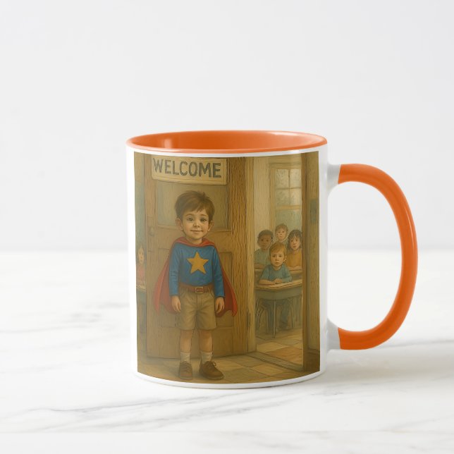 Mug avec un jeune garçon déguisé en héros. (Droite)