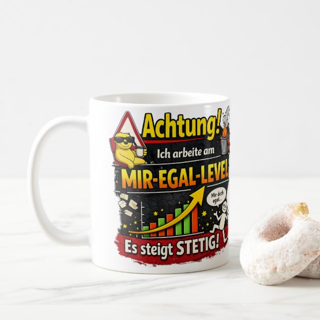 Mug Avertissement drôle de niveau "Je m'en fiche" (Avec donut)