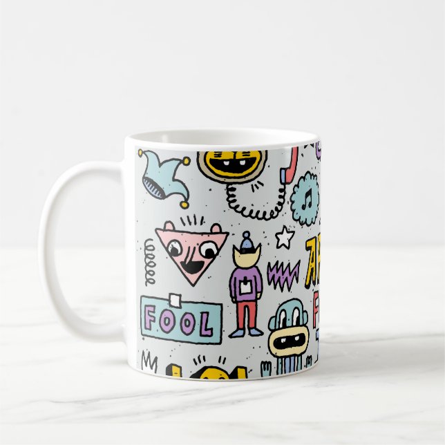 Mug Avril Fools : Jeu de Doodles Colorés. (Gauche)