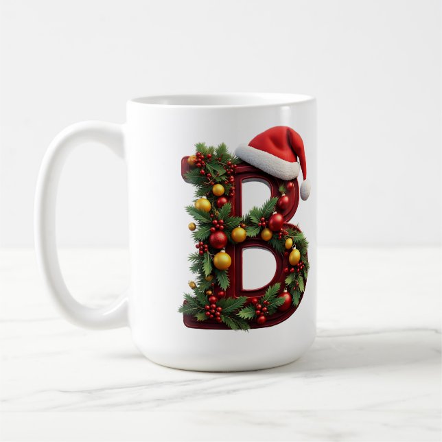 Mug B en lettre rouge décoré pour Noël (Gauche)
