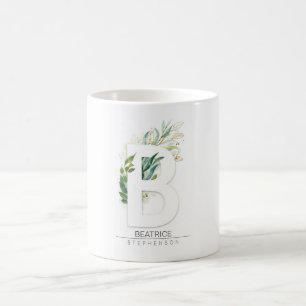 Mug B Monogramme Gold Green Feuilles Nom élégant