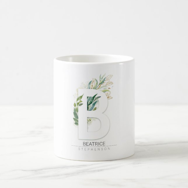 Mug B Monogramme Gold Green Feuilles Nom élégant (Centre)