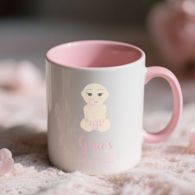 Mug Baby Girl Illustration in Pink Design (Cute Cheerful Funny Pink Baby Girl Design Mug)