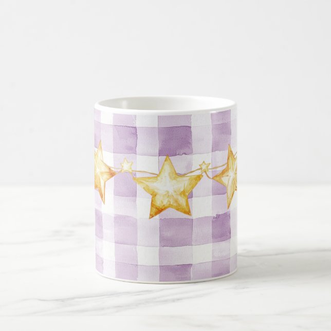 Mug Baby-Shower Rayures Blanches Violettes Étoiles Dor (Centre)