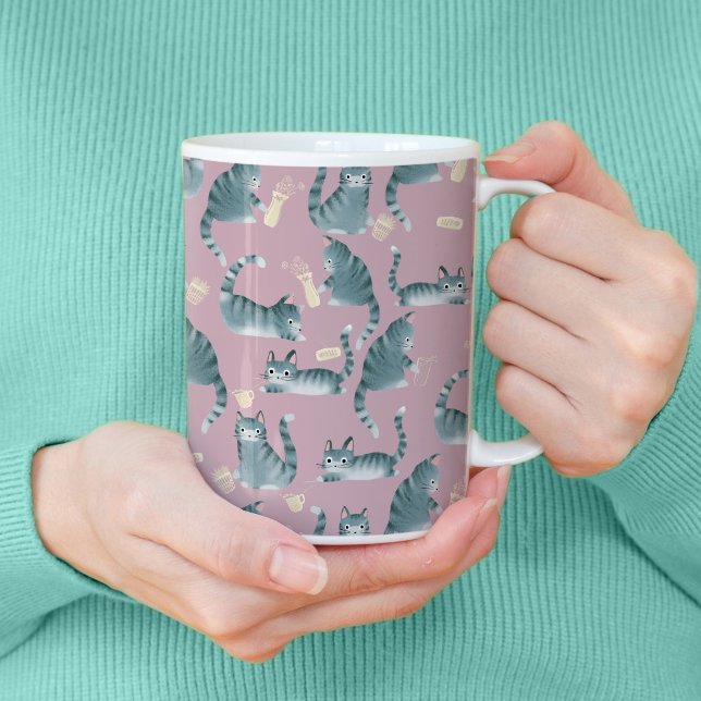 Mug Bad Grey Tabby Chats Frapper Tout (Bad Grey Tabby Cats Knocking Stuff Over Patterned Mug)