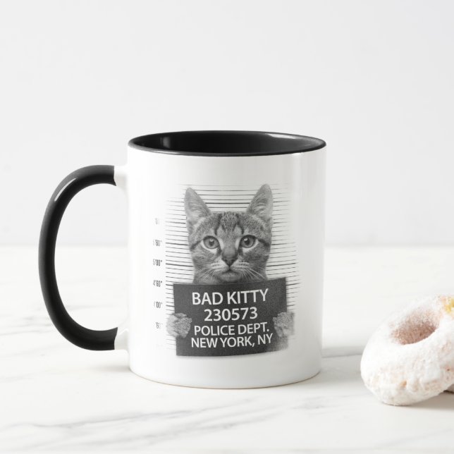 Mug Bad Kitty Chat Police Arrestation Photo Drôle Café (Avec donut)