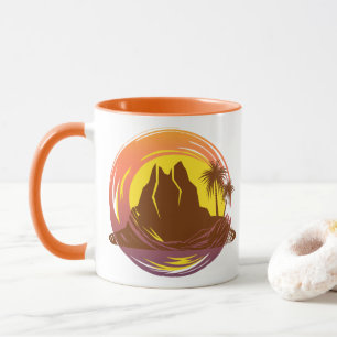 Mug Badge avec paysage volcanique tropical et palmiers