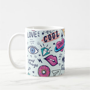 Mug Badges de patchs de mode. Motif sans couture avec