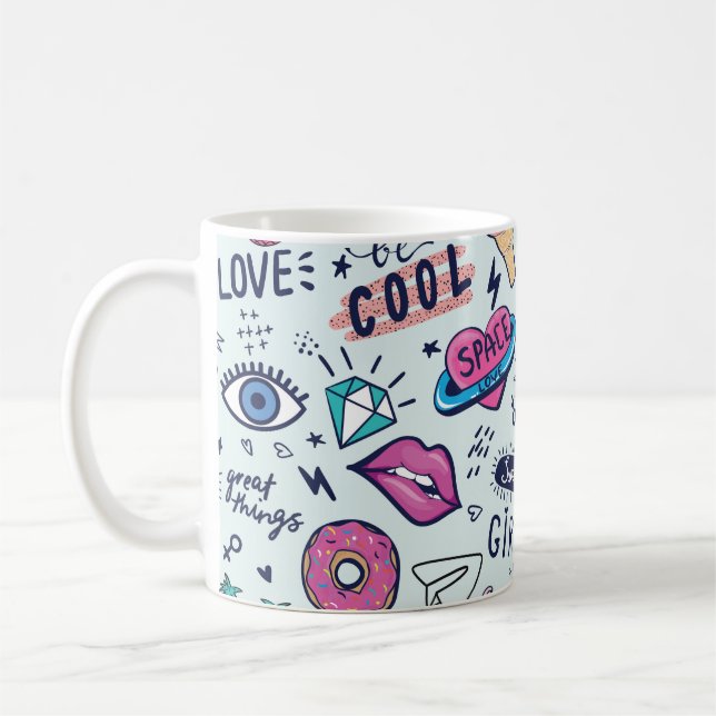 Mug Badges de patchs de mode. Motif sans couture avec  (Gauche)