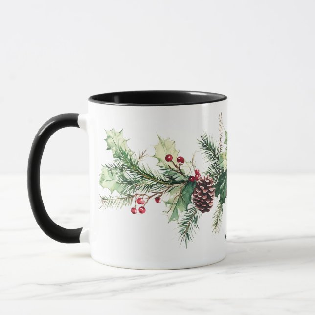 Mug Baie de pin d'hiver Nom personnalisé Fêtes (Gauche)