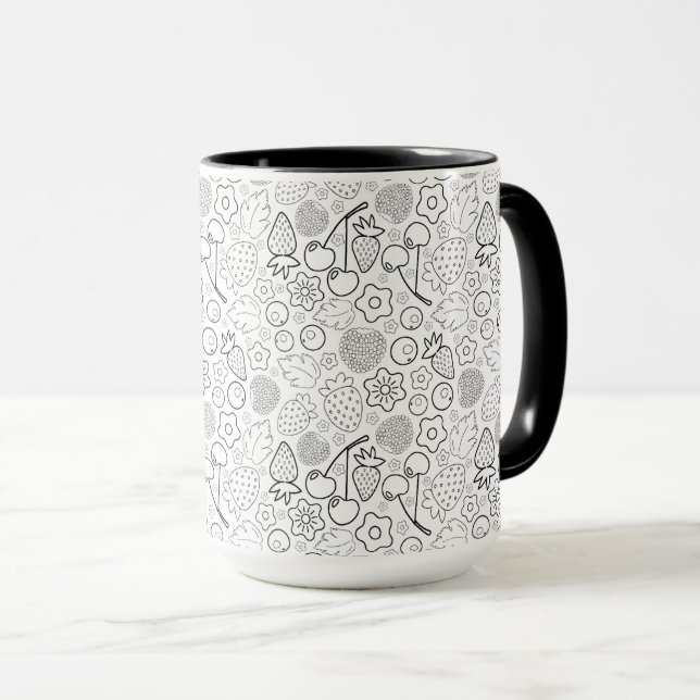 Mug Baie Fraise Cerise Noir Dessiné à la main Moderne. (Devant droit)