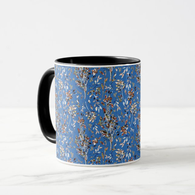Mug Baies feuilles Aquarelle Bleu Motif Floral (Devant gauche)