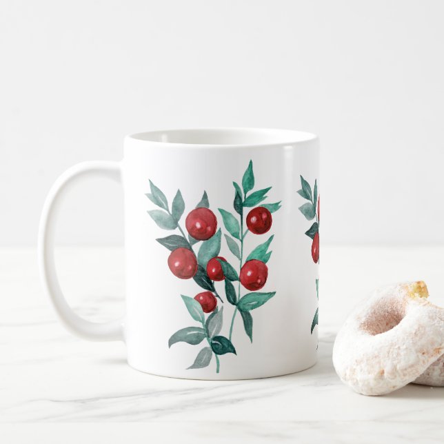 Mug Baies rouges festives aquarelle (Avec donut)
