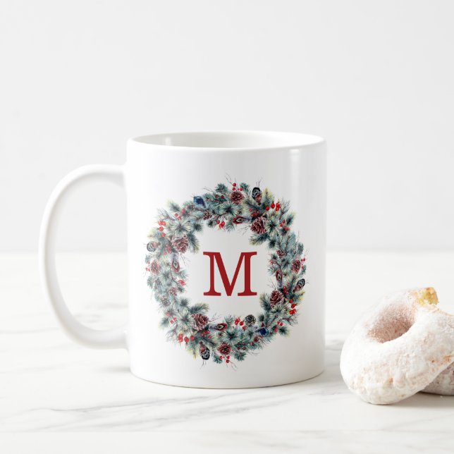 Mug Baies Rustiques et Pin | Monogramme de Fêtes (Avec donut)
