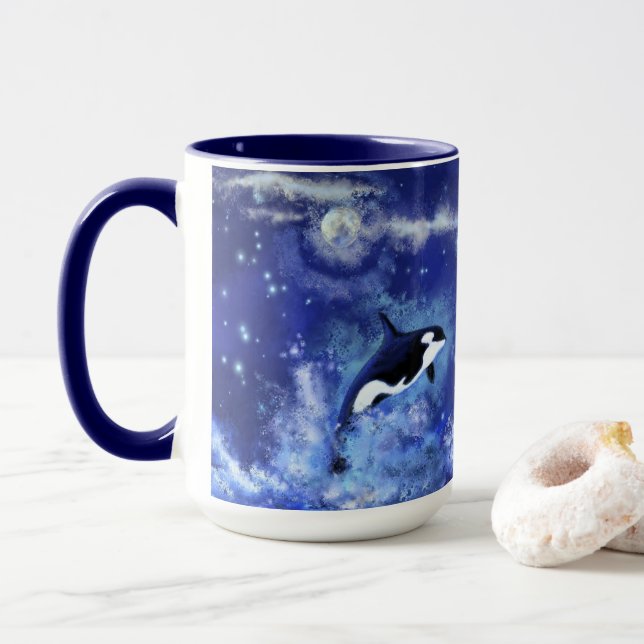 Mug Baleines tueuses sur Pleine lune bleue (Avec donut)