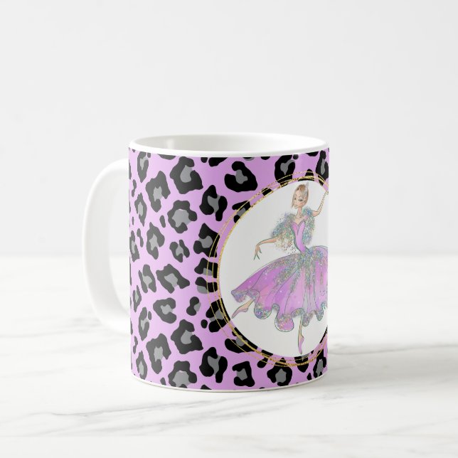Mug Ballerina en rose sur motif de fourrure de léopard (Devant gauche)
