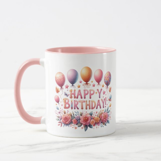 Mug Ballons d'anniversaire joyeux fleurs ajouter monog (Gauche)