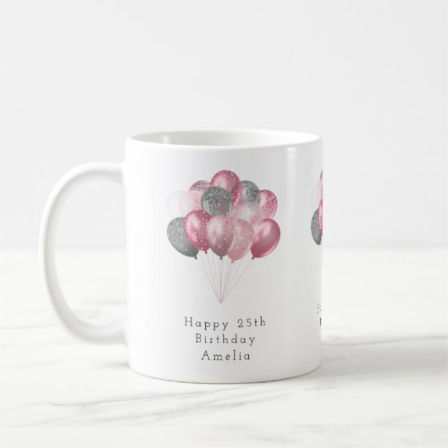 Mug Ballons parties scintillant rose et argent Joyeux  (Gauche)