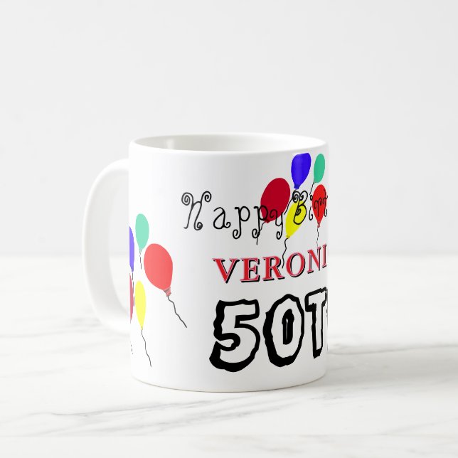 Mug Ballons pour les 50 ans Rouge Bleu Tout ÂGE (Devant gauche)