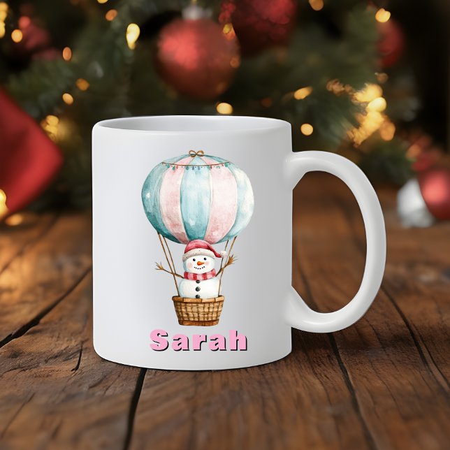 Mug Ballotte à air chaud Snowman Nom personnalisé Noël (Hot Air Balloon Snowman Custom Name Christmas Coffee Mug
)