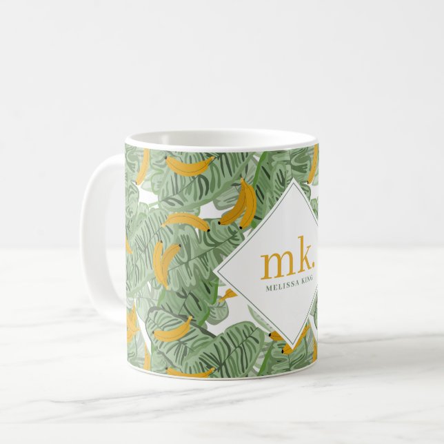 Mug Banane tropicale moderne vert Motif Monogramme (Devant gauche)