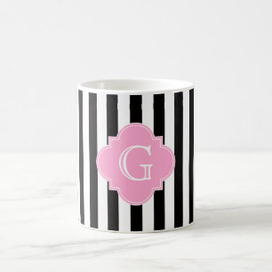 Mug Bande blanche noire, monogramme de Quatrefoil rose