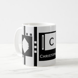 Mug Bandes diamant gris et noir Nom carré