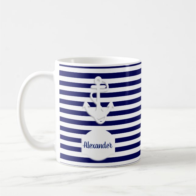 Mug Bandes et Ancre Monogramme personnalisé (Gauche)