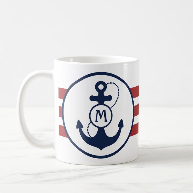 Mug Bandes marines rouges avec Ancre et monogramme (Gauche)