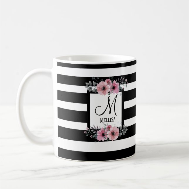 Mug Bandes noires et blanches Monogramme floral rose (Gauche)