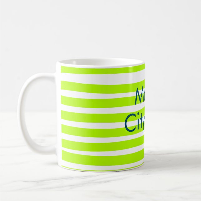 Mug Bandes rétro jaune vert néon ajoutent nom lieu (Gauche)