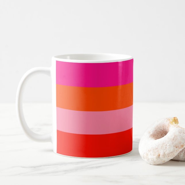 Mug Bandes roses chaudes et orange brillantes (Avec donut)
