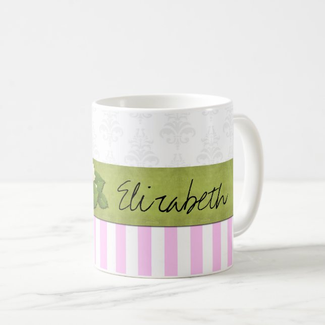 Mug Bandes Roses, Lignes, Motif Gratté, Votre Nom (Devant droit)