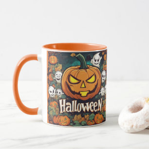 Mug Bannière d'Halloween avec des citrouilles et des f