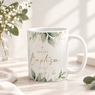 Mug Baptême à l'aquarelle de verdure d'eucalyptus