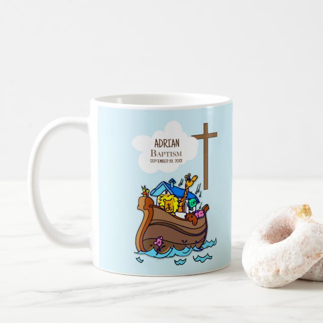 Mug Baptême Arche du garçon Noah, mignons animaux Pers (Avec donut)